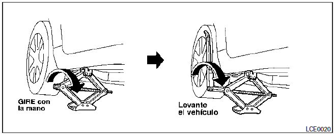 Levantamiento de vehículo con el gato y desmontaje de la llanta dañada