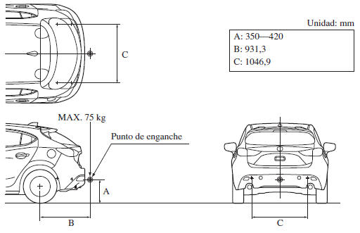 Mazda3. Area de instalación del gancho de remolque del trailer 